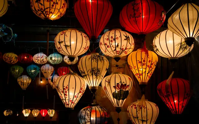 Colourful silk lanterns glowing in Hoi An at night