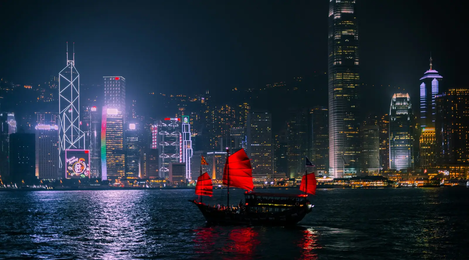 Traditional red-sailed junk boat on Victoria Harbour, Hong Kong