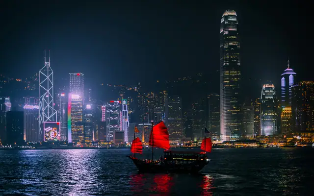 Traditional red-sailed junk boat on Victoria Harbour, Hong Kong